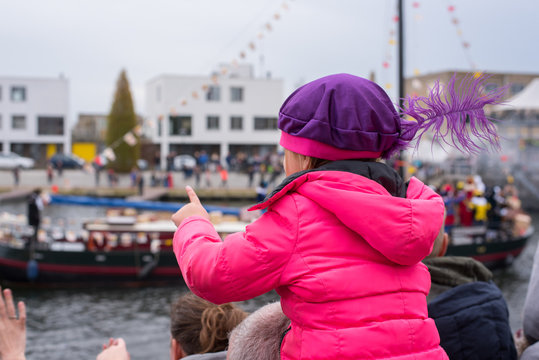 a Dutch tradition. 'Sinterklaas and Piet' children singing and dancing. a happy party. in the center of Zeewolde 23 Dec 2019 flevoland the netherlands