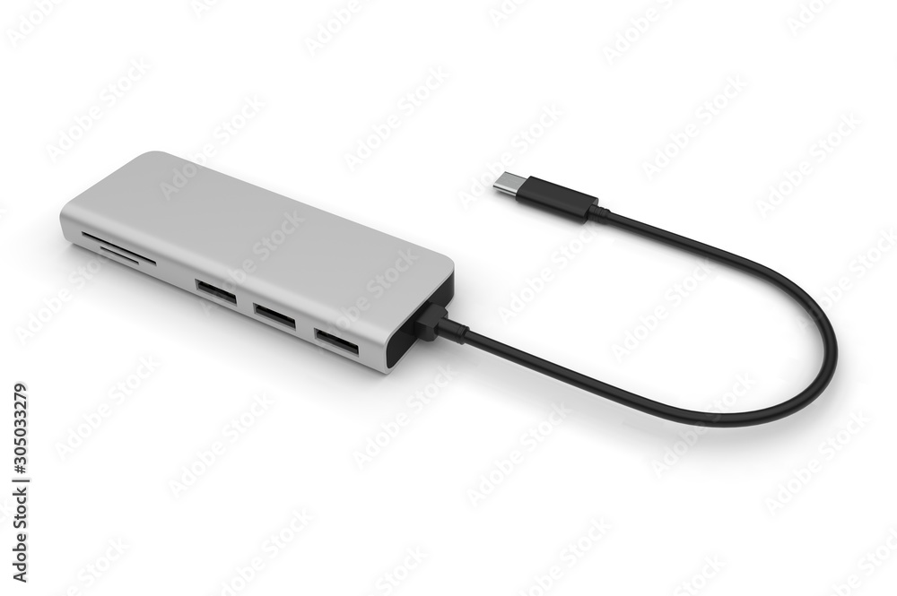 Wall mural multi functional usb-c hub station for promotional branding. 3d render illustration.