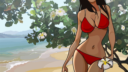 cartoon figure of a woman in a swimsuit on the background of the tropics