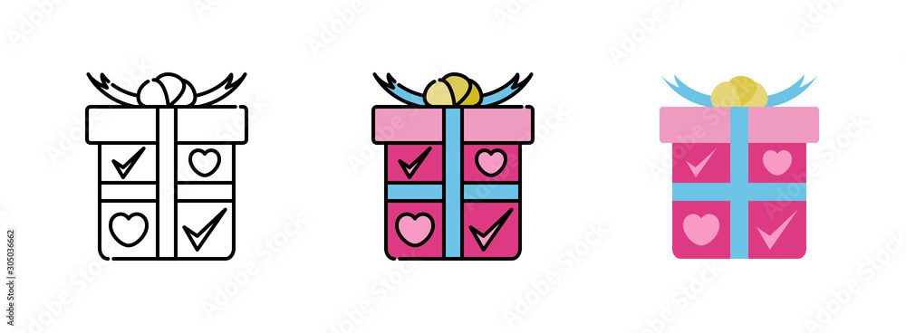 Aufkleber gift box with heart-shaped and check mark icon set isolated on white background for web design