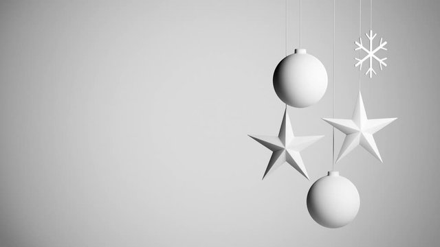 3D rendering: white christmas - white christmas decorations swinging in front of white background: Ball, star, snowflake. Copyspace available for custom text; seamless loop