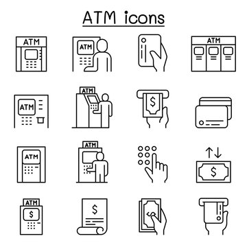 ATM icons set in thin line style