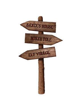 Arrow Sign Showing the Way to Santa's House and North Pole Isolated On White Background