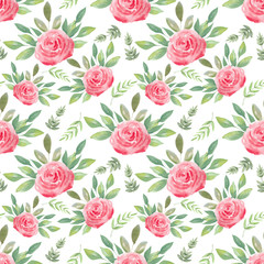 Fototapeta na wymiar Watercolor seamless pattern of Air roses and hearts. Festive background