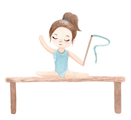 Watercolor gymnast girl. Hand painted illustration isolated on white background.
