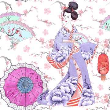 Japan geisha watercolor seamless pattern