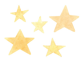 Fototapeta na wymiar Set of hand painted gold watercolor simple stars.