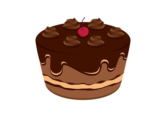 Chocolate cake with cherry vector. Cake with chocolate icing vector. Chocolate cake icon isolated on a white background. Creamy chocolate cake with dark icing vector illustration
