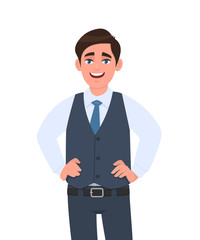 Portrait of happy young businessman in formal waistcoat standing and holding hands on hip. Male character design illustration. Human emotions, facial expressions, feelings concept in vector cartoon.