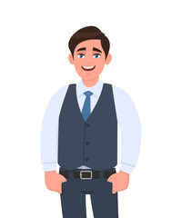 Portrait of young businessman standing with thumb fingers in the pockets. Person in formal  waistcoat. Male character design illustration. Human emotions, facial expressions concept in vector cartoon.