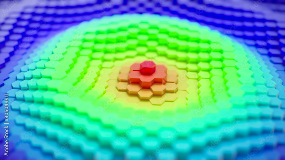 Aufkleber colorful hexagonal array in central wavy position - 3d render. also available as a video loop in uhd