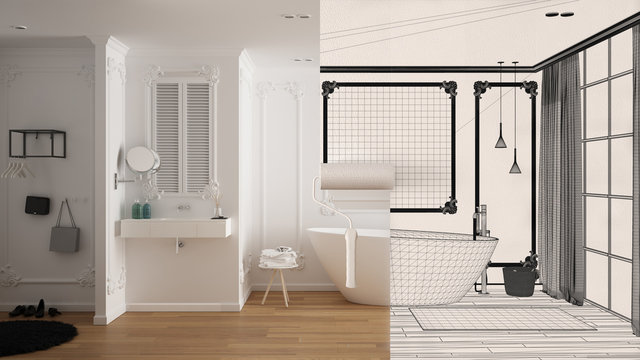 Paint roller painting interior design blueprint sketch background while the space becomes real showing modern bathroom. Before and after concept, architect designer creative work flow