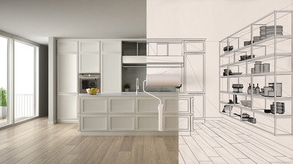 Paint roller painting interior design blueprint sketch background while the space becomes real showing modern kitchen. Before and after concept, architect designer creative work flow