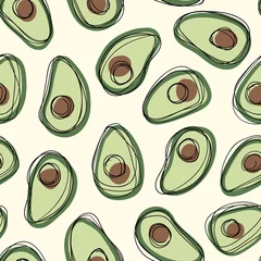 Wallpaper murals Avocado Hand drawn avocado seamless vector pattern with black doodle stroke on off white background. Healthy food print.
