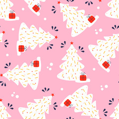Seamless pattern with icons of Christmas tree and gift. Background and cute objects hand drawn style for new year print.