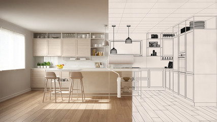 Paint roller painting interior design blueprint sketch background while the space becomes real showing modern kitchen. Before and after concept, architect designer creative work flow