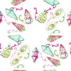 christmas seamless pattern in cartoon or decorative embroidery style with xmas toys. Design best for wrapping paper, cards, posters, scrapbooking.