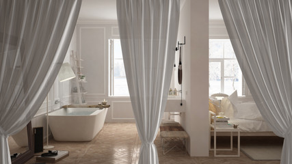 White openings curtains overlay modern bedroom, interior design background, front view, clipping path, vertical folds, soft tulle textile texture, stage concept with copy space