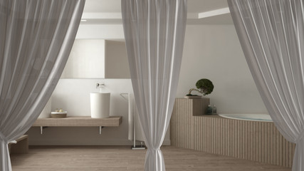 Fototapeta na wymiar White openings curtains overlay modern bathroom, interior design background, front view, clipping path, vertical folds, soft tulle textile texture, stage concept with copy space