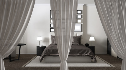 White openings curtains overlay modern bedroom, interior design background, front view, clipping path, vertical folds, soft tulle textile texture, stage concept with copy space