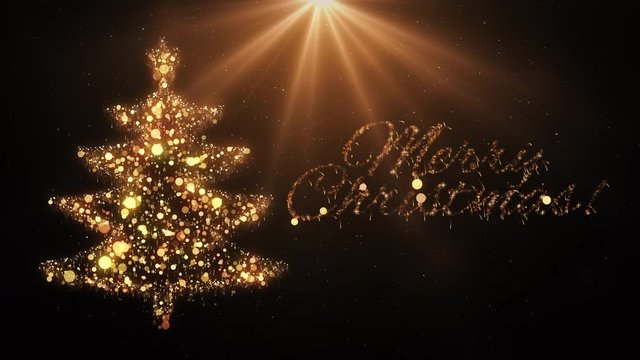 Gold Christmas tree animation and Merry Christmas text with snow and light on black. 4k