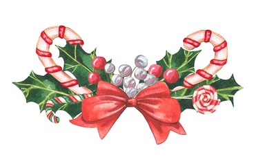 Watercolor Christmas clipart on white background. Hand drawn green Holly leaves, lollipops, red bow, rawen berries and silver balls. Water colour and crayon illustration.