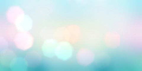 Easter holiday bokeh banner. Pastel pink blue green gradient. Spring lights pattern. Cool background. Light wonderful illustration.