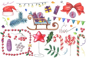 Big set of Watercolor Christmas clipart objects on white background. Hand drawn green Holly leaves, lollipops, golden fir-tree toy, berries, branches, gifts, sleigh, confetti, lightbulb, flag garland