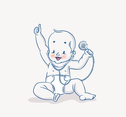 Happy baby boy with stethoscope in his hand. Cartoon vector illustration. Health care and medical concept.
