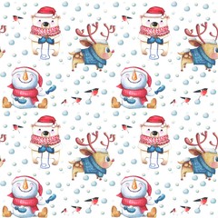 Watercolor Christmas seamless pattern on white background. Hand drawn cute animal characters and snow. Smiling snowman, bullfinch bird and polar bear.  Water colour and crayon illustration.