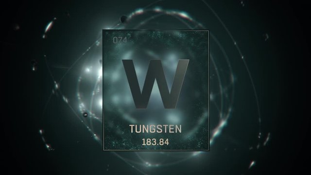 Tungsten as Element 74 of the Periodic Table. Seamlessly looping 3D animation on green illuminated atom design background with orbiting electrons. Design shows name, atomic weight and element number