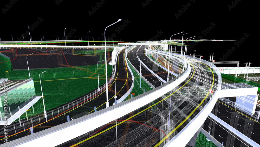 Poster the bim model of the object of transport infrastructure of wireframe view