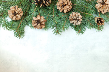 Fototapeta na wymiar Christmas border made of fir branches, festive red decoration