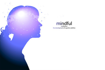 Profile of a young woman with mental activity brain and consciousness, with the cosmos as a brain.