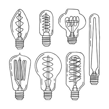 Edison lamps. Set of hand drawn elements. Stock vector illustration.
