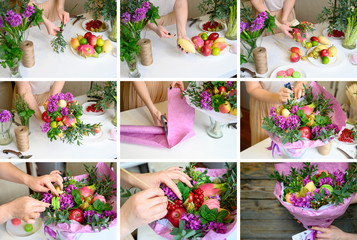 Fototapeta na wymiar the process of forming a fruit and flower bouquet. tutorial, do it yourself. collage from a series of photos