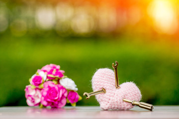 Heart and repair tool with care and flower put on the wood on bokeh background in the public park,...