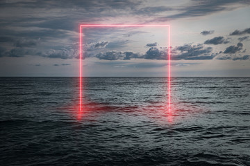 View of the calm sea in the evening, a neon frame emerging from the water, futuristic background