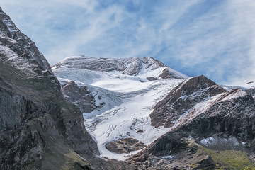 Close up of the Grosser Barenkopf with fresh snow, seen from the Mooserboden reservoir