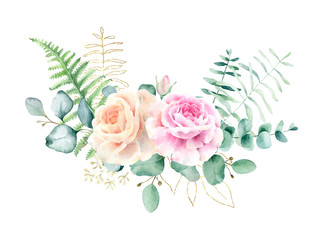 Watercolor hand painted arrangements with eucalyptus and roses.Perfect for wedding invitations, save the date or greeting cards.