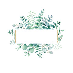 Watercolor hand painted floral frame with eucalyptus leaves and branches. Frame for wedding invitations, save the date or greeting .cards.