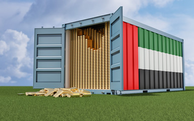 Freight Container with United Arab Emirates flag filled with Gold bars. Some Gold bars scattered on the ground - 3D Rendering