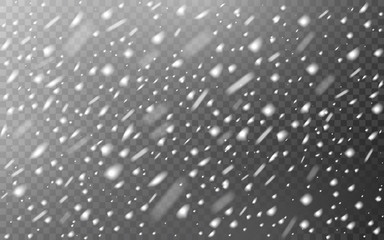 Snow falling on transparent backdrop. Christmas defocused snowflakes. Winter blizzard texture. Realistic snowstorm with different snow flakes. Vector illustration - obrazy, fototapety, plakaty