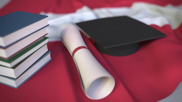 Graduation cap, books and diploma on the Austrian flag. Higher education in Austria related conceptual 3D animation