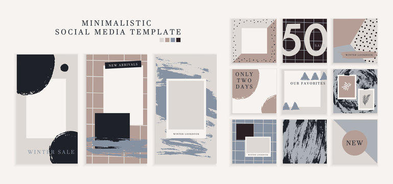 Trendy color pallette, winter vibe templates for post and stories for your social media. Puzzle textured background content for social network. Cute and cozy cold colors. Vector, editable collage