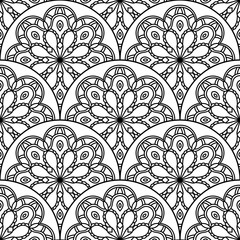 Abstract mandala fish scale seamless pattern. Ornamental tile, mosaic background. Floral patchwork infinity card. Arabic, Indian, ottoman motifs. Vector illustration. 