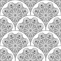 Abstract mandala fish scale seamless pattern. Ornamental tile, mosaic background. Floral patchwork infinity card. Arabic, Indian, ottoman motifs. Vector illustration. 