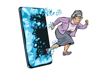 female retired lady and new technology concept. grandmother punches the screen of the smartphone and goes online