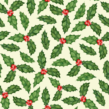 Merry Christmas seamless pattern with pictures of holly with red berries and evergreen leaves on a light background