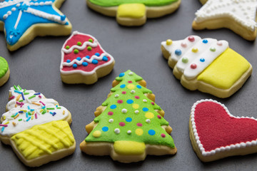 Christmas holiday cookies decorated with multicolored icing.